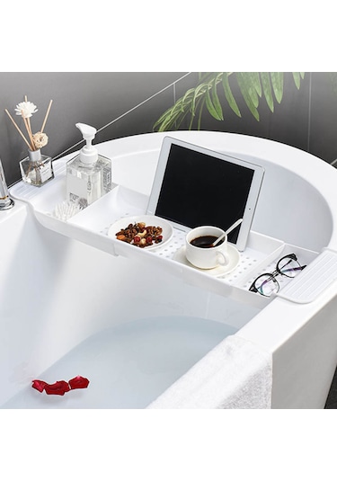 Hfambition Plastik Daraltılabilir Banyo Tepsisi - Su Akışlı Tasarım, Sağlam Konumlandırma, Çeşitli Ürünleri Tutabilir Beyaz