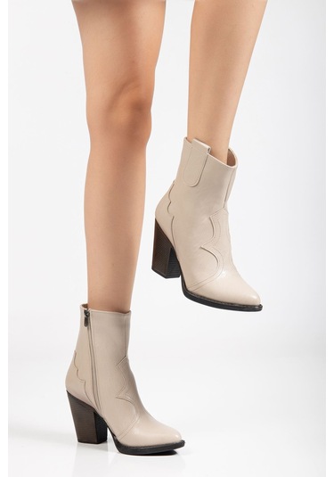 117 Bej Kovboy Dikiş Detaylı Fermuarlı Yüksek Topuklu Günlük... Bej