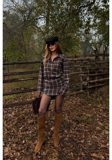 Kahverengi Ekose Gömlek Elbise - 4989 Kahverengi