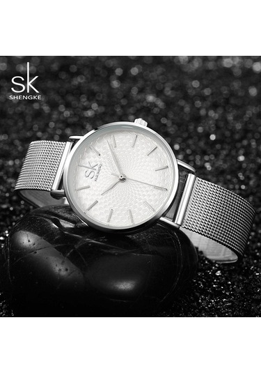 Gümüş Shengke Sıcak Satış Şerit Örgü Paslanmaz Çelik Kadın Saatleri Minimalist Tarzı Bayanlar Kuvars Kol Saatleri Zarif Saat
