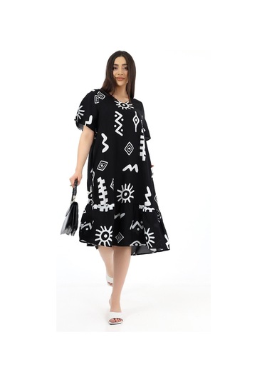 Schık Kadın Viskon Yarım Kol V Yaka Cepli Fırfırlı Elbise Siyah Siyah