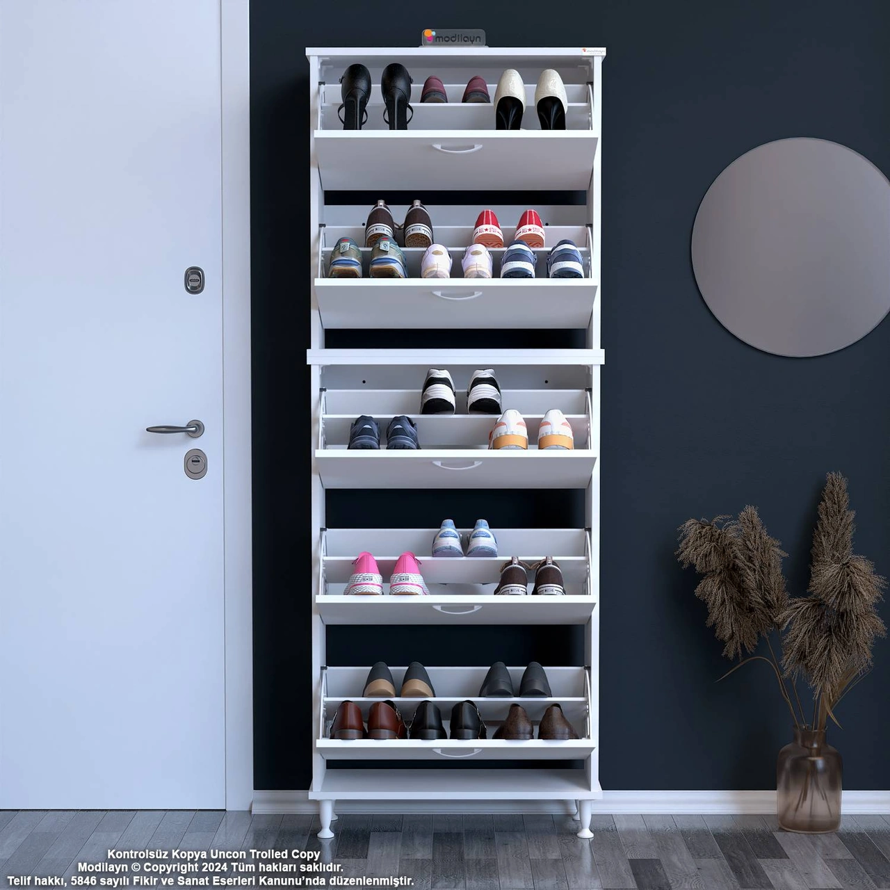 Asil 2 Li Antre Beyaz Renk Ayakkabılık 52 Cm 5 Düşer Kapak 10 Raflı Ayakkabılık 52 X193x 25,5 Cm Beyaz