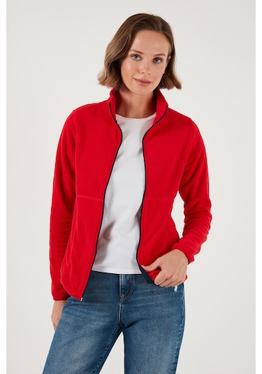 Lela Slim Fit Anti-Pilling Tüylenme Yapmayan Fermuarlı  Polar Bayan Hırka 5907012 Kırmızı