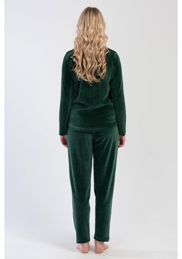Kadın Kadife Uzun Kol Yeşil Pijama Takım C3t8n0o304 001