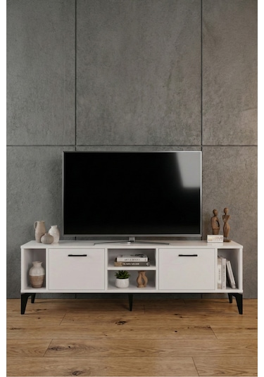 Tv Sehpası 160 Cm Modern Çok Amaçlı Dolaplı Raflı Televizyon Ünitesi Linya Beyaz