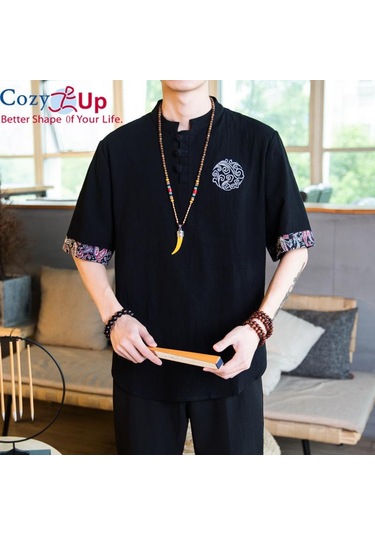 Rahat Up Çin Tarzı 1/2 Kollu Casual Gömlek Erkek İnce Stand Yaka Nakış Pamuk Ve Keten Siyah