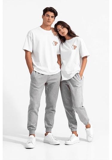 Sevgili Kombini Ayıcık Baskılı Çift Tişört Oversize Unisex Partne Beyaz