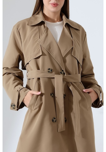 Amazon Keten Kumaş Uzun Boy Düğmeli Astarlı Yumuşak Dokulu Trenç Kot Vizon Vizon