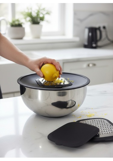 Gökdil 24 Cm Çelik Karıştırma Kabı Kapaklı & Rende Aparatlı Gri