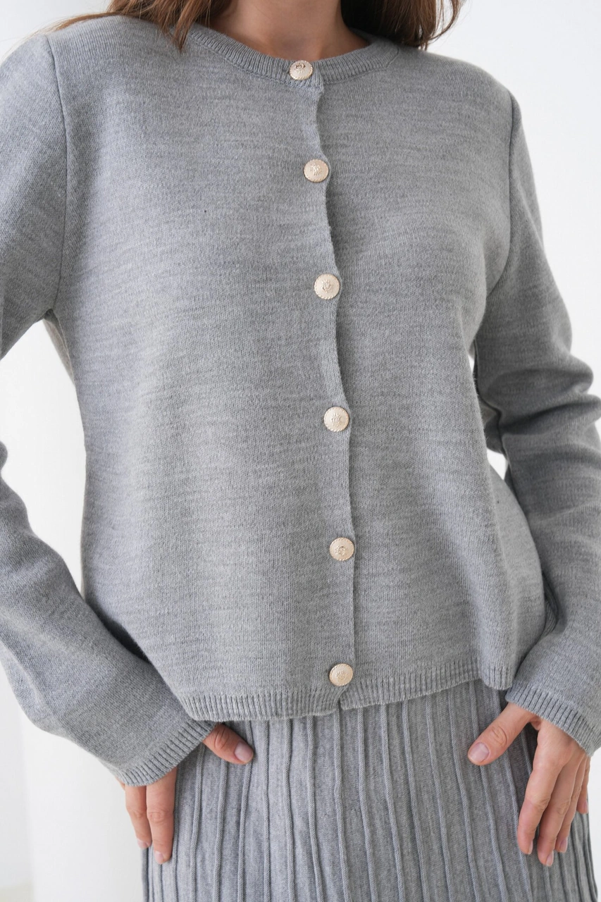 Kadın Pileli Etek Kazağı Düğmeli Tesettüre Uygun Örgü Triko Etekli Ceket Takım Gri