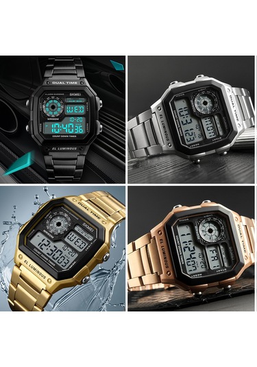 Yunboo Erkekler İçin Dijital Saat - Güneş Işığı, Stopwatch, Alarm, Hafta/gün Gösterimi - Paslanmaz Çelik Kordon - Altın Renk Çok Renkli