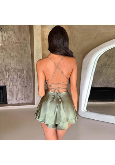 Yaz Kadın Elbise Kısa Seksi İnce İnce Sırtı Açık Düz Renk Askılı Elbiseler Koyu Kahverengi