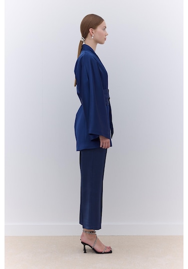 Manuka Saten Kemerli Kimono Lacivert