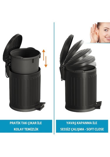 Aqua Bagno Midas Çöp Kovası -pedallı 5 Lt. , Mat Siyah Siyah