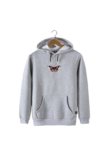 Unisex Gri Kapüşonlu Önü Kelebek Baskılı Slim Fit Kanguru Cepli Sweatshirt Gri
