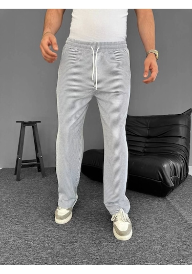 Su Yolu Çizgili Cepli Pantalon Yazlık - Gri Gri