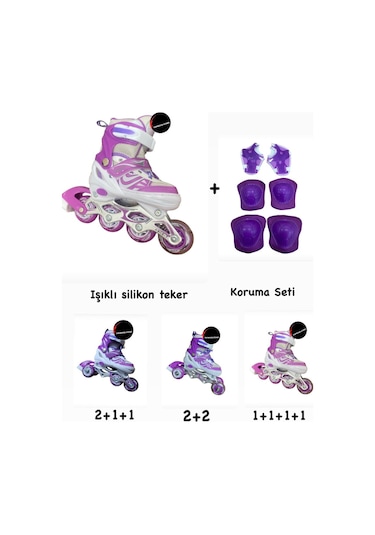Işıklı Çocuk Pateni Ayarlanılabilir Alıştırma Silikon Tekerli Frenli Metal Gövdeli Paten Dizlik Set Mor