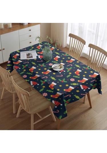 Noel Desenli Dikdörtgen Masa Örtüsü 60x84 İnç, Su Geçirmez Ve Leke Tutmaz Noel Çorap Şeker