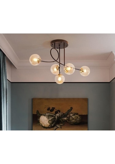 Jade Lüks Modern Salon - Mutfak - Yatak Odası Siyah Renk Gövde Bal Camlı 5 Li Avize Diğer