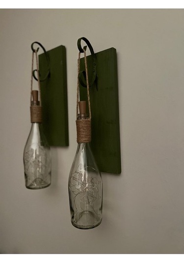 Tıpa Peri Led Işıklı Koyu Yeşil Ahşap Cam Şampanya Şişesi Duvar A Çok Renkli