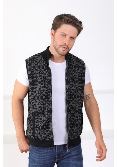 Ferraro Siyah/Antrasit Dik Yaka Cepli Pamuk Erkek Yelek-Siyah