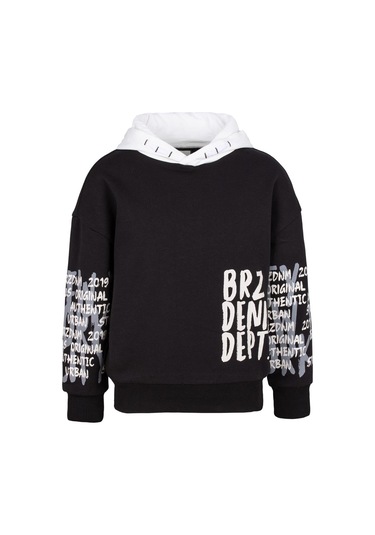 Brz Kids Baskılı Erkek Çocuk Kapüşonlu Sweatshirt Hoodie Siyah