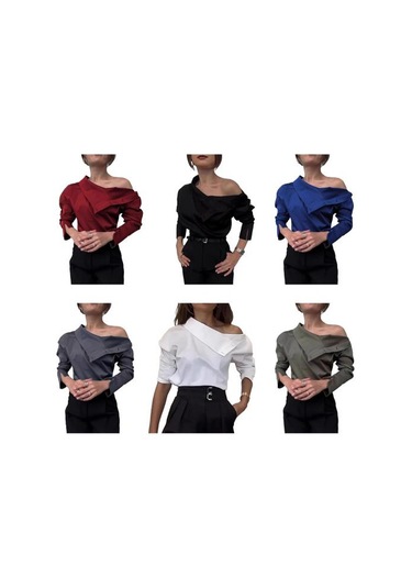 Kadın Gömlek Düğme Eklemeli Balıkçı Yaka Uzun Kollu Rahat Bol Kesim Gömlek Düz Yeşil