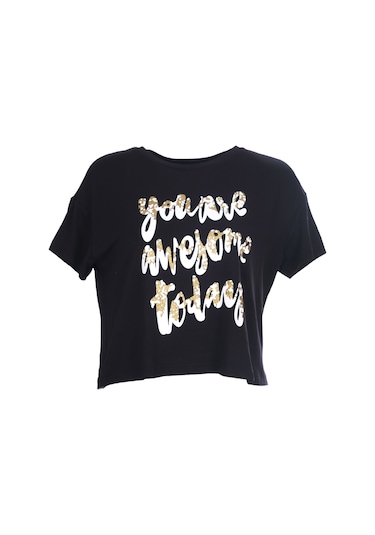 Ysatis Oversize Crop Bluz: Kısa Kol Yuvarlak Yaka Günlük Kadın Siyah