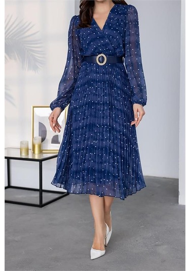 Neşeli Butik Kadın Kemerli Puantiye Desenli Şifon Elbise Nbmy3286 Mavi