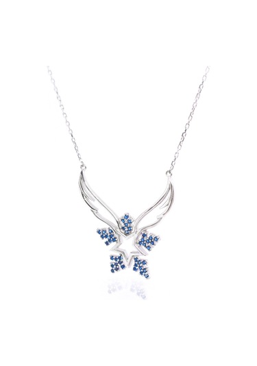 Brezza Lusso Jewelry Pırlanta Safir Taşlı Melek Kanadı Kar Tanesi Kadın Gümüş Kolye 45 CM