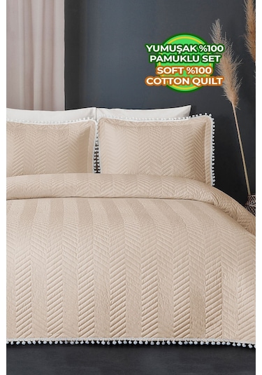 Evlen Home Ponponlu %100 Pamuk Tek Kişilik Günlük Yatak Örtüsü Pike Takımı Seti Bej