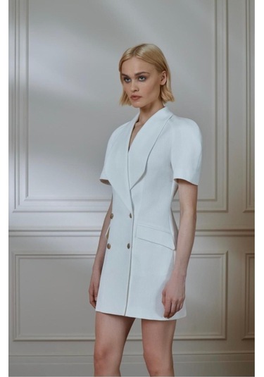 Kısa Kollu Ceket Elbise Beyaz