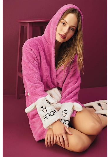 Kadın Polar Sabahlık Pijama Üstü Kuşaklı Desenli Sabahlık Cepli Waynap- 1027 Fuşya