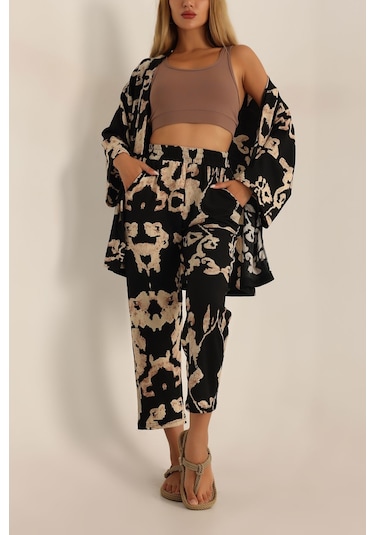 Trend Alisse Desenli Kimono Kadın Alt Üst Takım Siyah