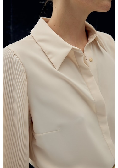 Sateen Plise Kollu Gömlek - Bej-137086 bej