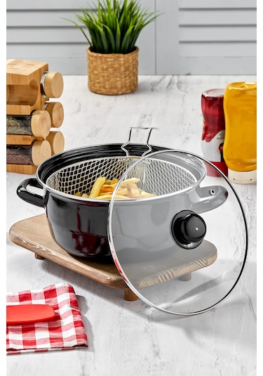 Polochef Emaye Kızartma Tenceresi 24 Cm Siyah Fritöz Telli Siyah
