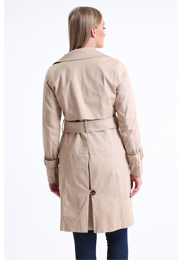 Pastelastore Esnek Pamuk Gabardin Midi 95cm Astarsız Kadın Trençkot 1118 Bej