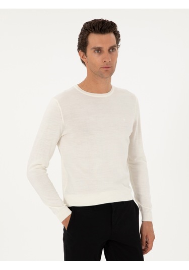 Cacharel Beyaz Slim Fit Yün Karışımlı Bisiklet Yaka Basic Triko Kazak
