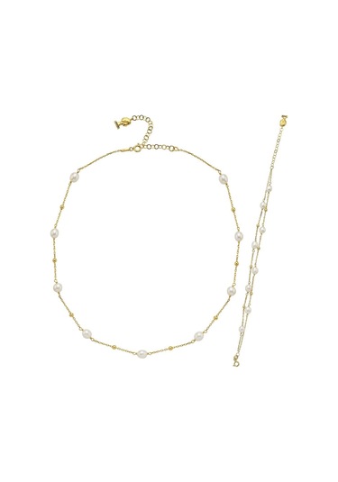 Kadın Dorika Toplu Doğal İnci Kolye Bileklik İkili Set 45 Cm / Sarı Gümüş