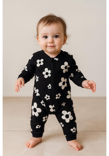 Unisex Bebek Papatya Desenli Pamuklu Siyah Tulum Siyah