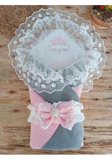 Yenidoğan Teri Cotton Taç Nakışlı Prizma Taş Kundak Bebek Battaniyesi Pembe Pembe
