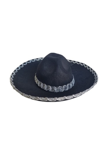 Meksika Mariachi Latin Şapkası Lüks 41cm Siyah Zemin Üstüne Gümüş Sim Kenarlıklı Parti Kostümü