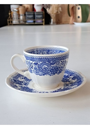 Vintage Burgenland Çiçek Desenli Antika Çay Fincanı Seti Mavi Mavi