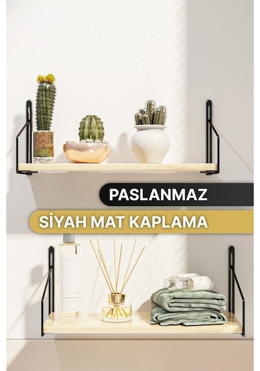 Bino Masif Ahşap Duvar Rafı  Lüks Dekoratif Banyo Mutfak Rafı 2'li