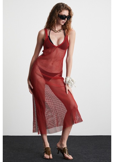 Deryn Kadın File Pamuklu Kumaşlı V Yakalı Eteği Kloş Plaj Giyimi Kiremit Rengi Elbise