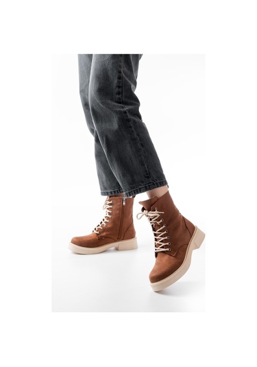 02-356 Taba Süet Düz Topuklu Bağcıklı Fermuarlı Günlük Kadın Bot Beyaz