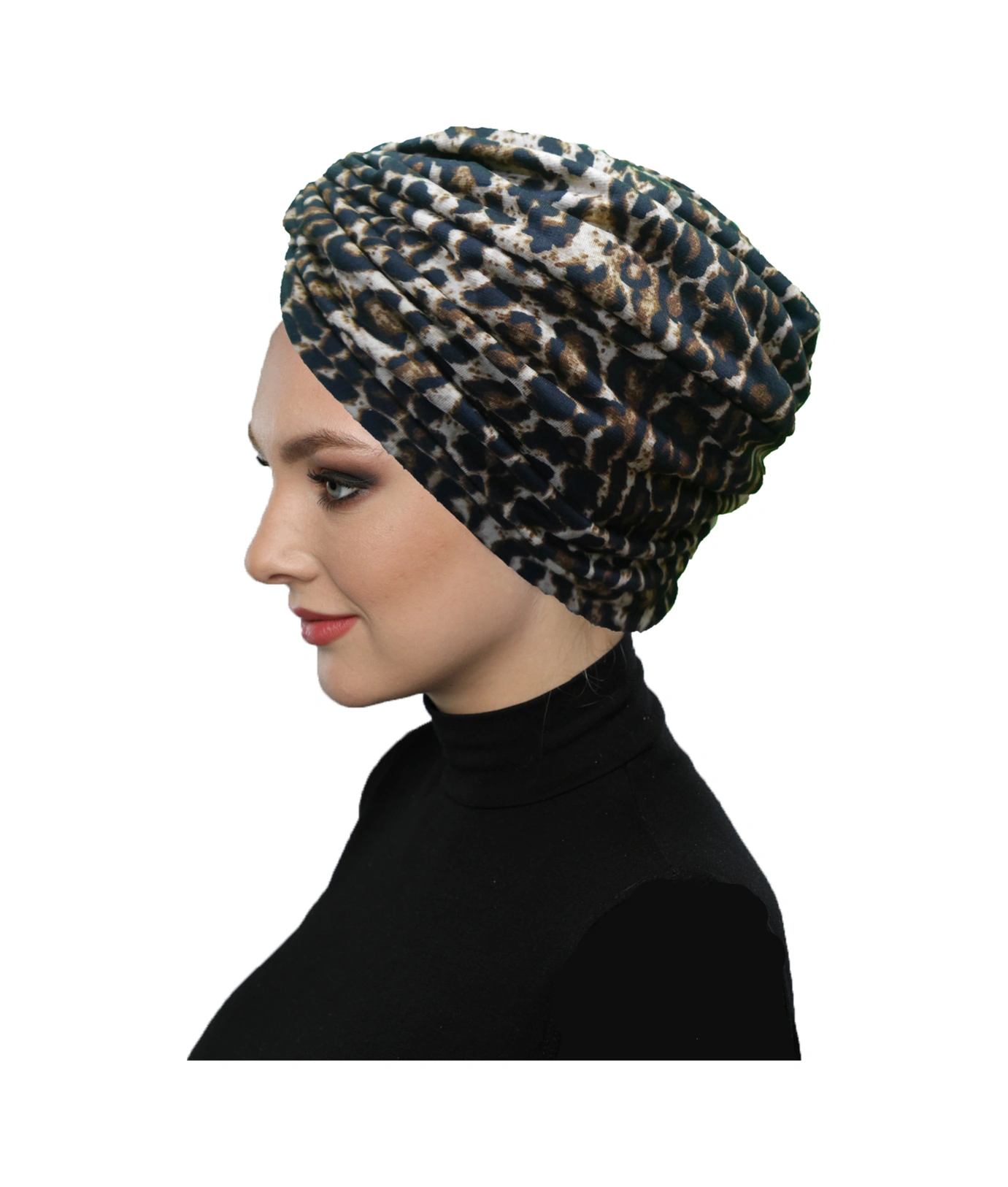 Savanna Vog Desenli Çapraz Ve Bant Detaylı Astarlı Hazır Türban Tesettür Havuz Bonesi Koyu Leopar