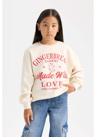DeFacto Kız Çocuk Relax Fit Bisiklet Yaka Baskılı Sweatshirt D7058A824WNER99 Ekru