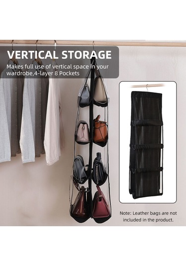 Qingmipy Siyah Duvar Takılı Çanta Organizerı - 4 Katlı 8 Cep İçerikli, Dönüştürülebilir Kanca, Transparan Pvc, Gardırop Çekmecesi, Ev Kullanıma Uygun Siyah