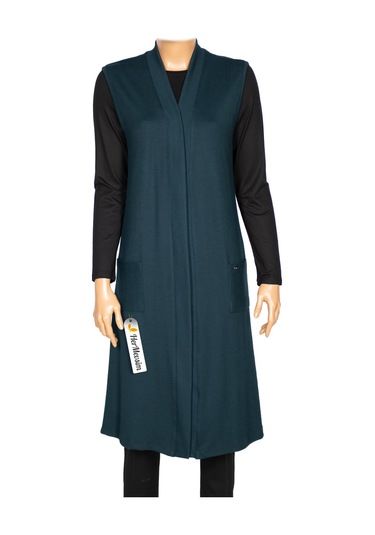 Hesna Kadın Deva Büyük Beden Cepli Dik Fitilli Soft Petrol Yelek 001